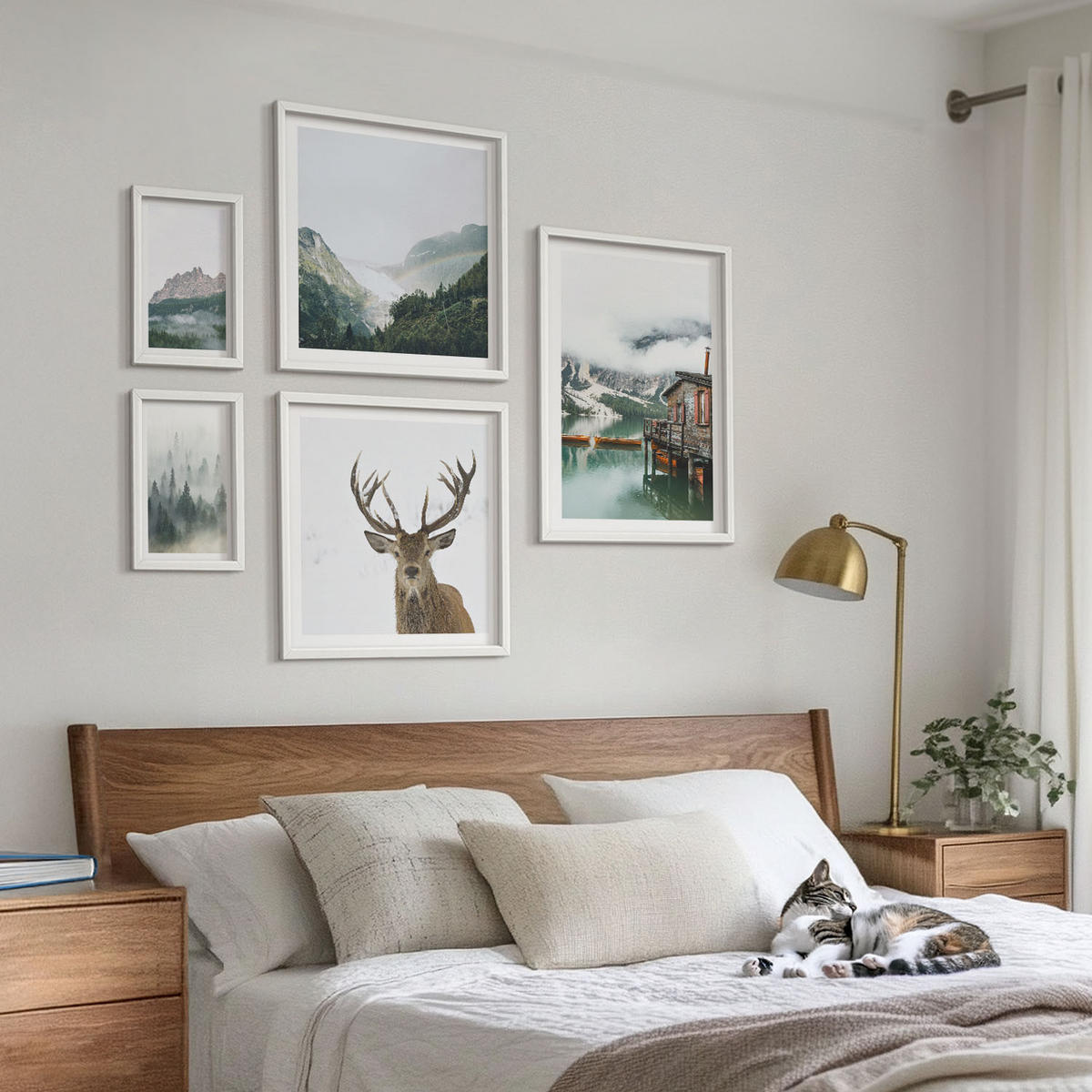 WANDBILDER 5er-Set - 50x50 cm & 20x30 cm & 40x60 cm Weißer Rahmen - Berge, See, Hirsche, Hütte, Nebel - Weiß, Kunststoff (40/60cm) - ArtPrintCave