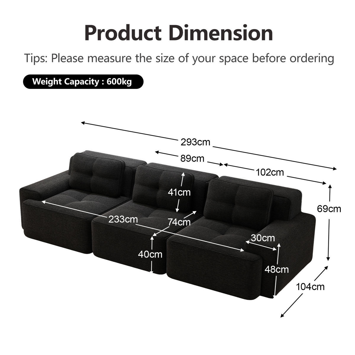 SOFA modular mit Tiefsitz 74 cm Cord Schwarz - Schwarz, Textil (293/69/104cm) - IVMEU