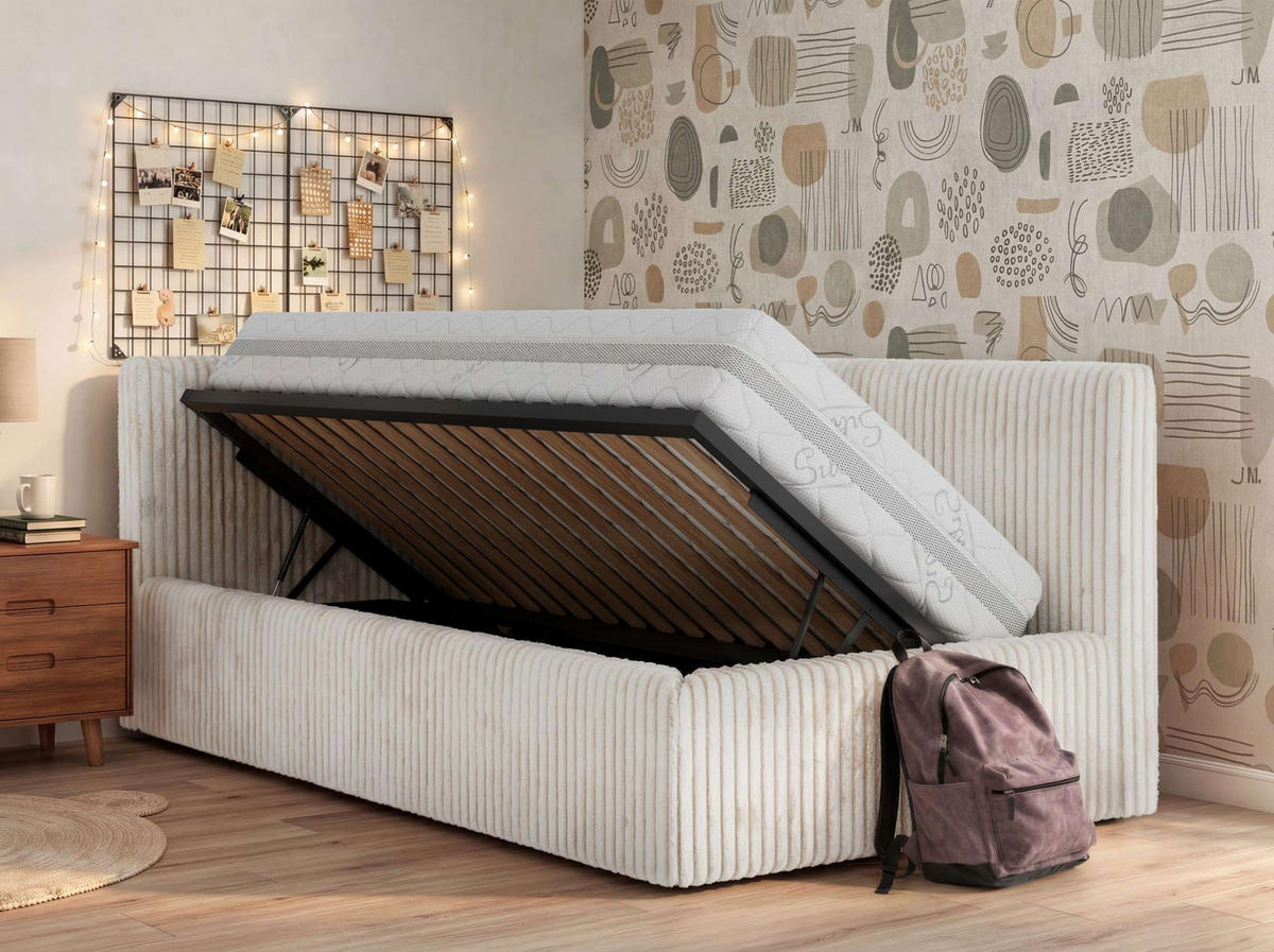 POLSTERBETT TILVO 90/200 - Beige Cord - Taschenfederkernmatratze - Links - Beige, Textil (90/200cm) - MKS