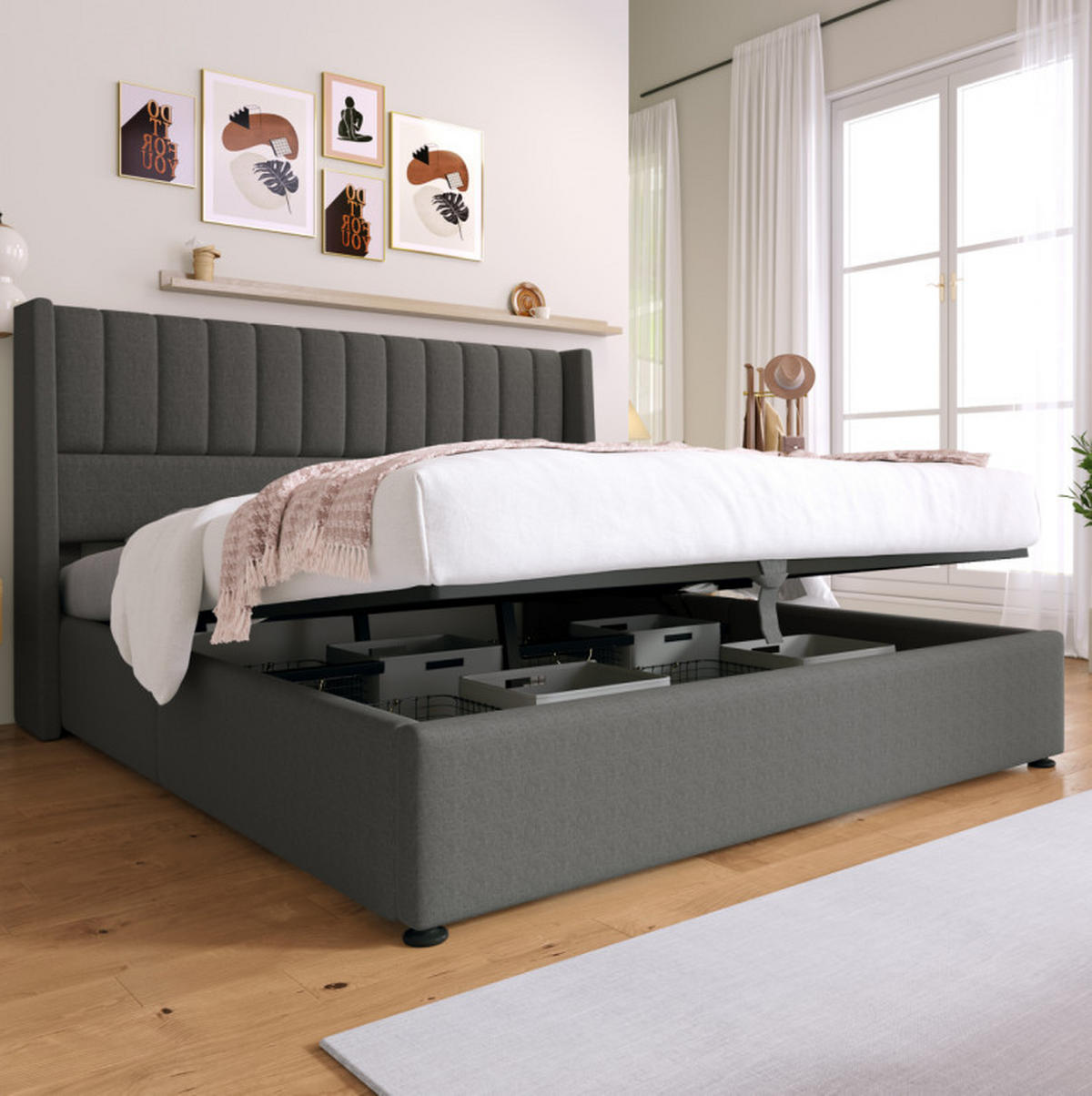 POLSTERBETT 180/200 cm Grau aus Leinen mit Bettkasten - Grau, Textil (180/200cm) - OKMYHOME