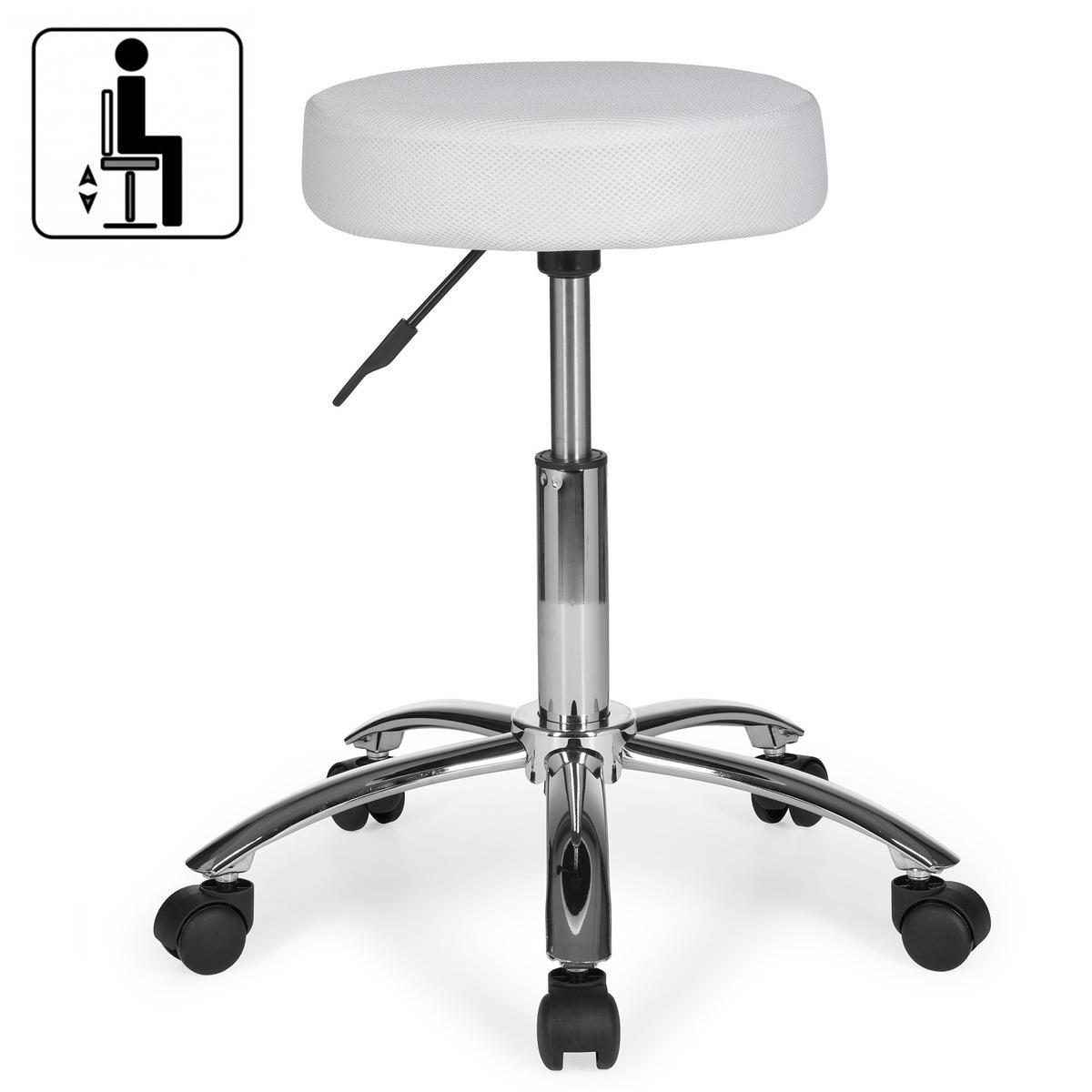 ROLLHOCKER gepolstert, 360° drehbar, ergonomisch bis 100 kg ARNO, Weiß 55x55x70 cm - Silberfarben/Weiß, Textil/Metall (55/70/55cm) - KADIMA DESIGN