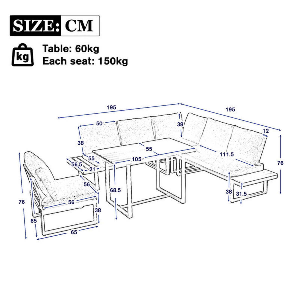 GARTEN-ESSGRUPPE GRAU mit 5-stufig verstellbarer Lehne und Kunststoff-Holz-Tisch - Grau, Textil - BLACKCUP