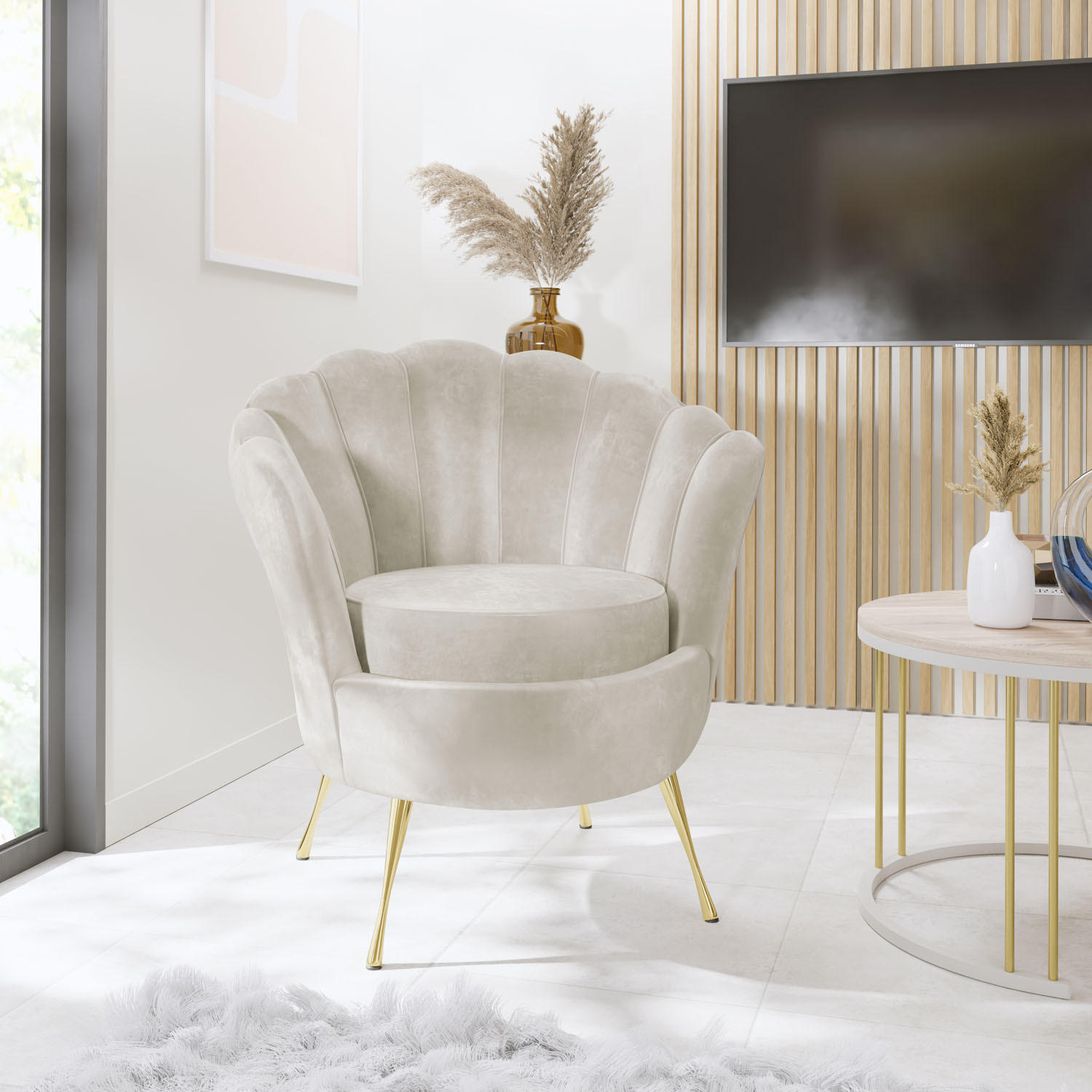 SESSEL Muschel in Beige - Beige/Goldfarben, Textil (82/70/55cm) - WFL GROUP