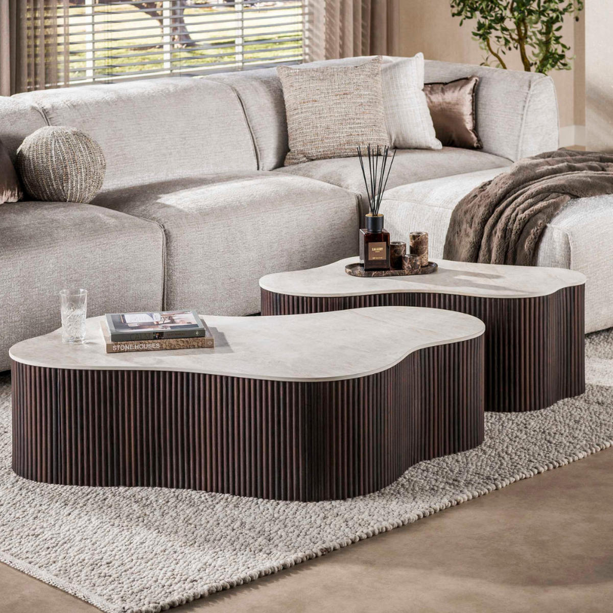 COUCHTISCH Set CERAMO GRANDE 2-teilige XXL-Loungetische im Monolith-Design - Dunkelbraun/Beige, Keramik (135/75/34cm) - alesvelt