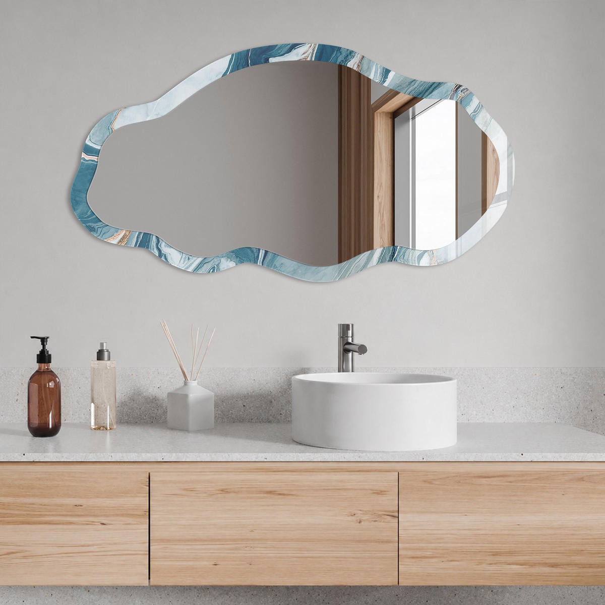SPIEGEL 90x45 cm asymmetrisch mit Druck - Marmorwellen - Transparent, Glas (45/90/0.4cm) - TULUP