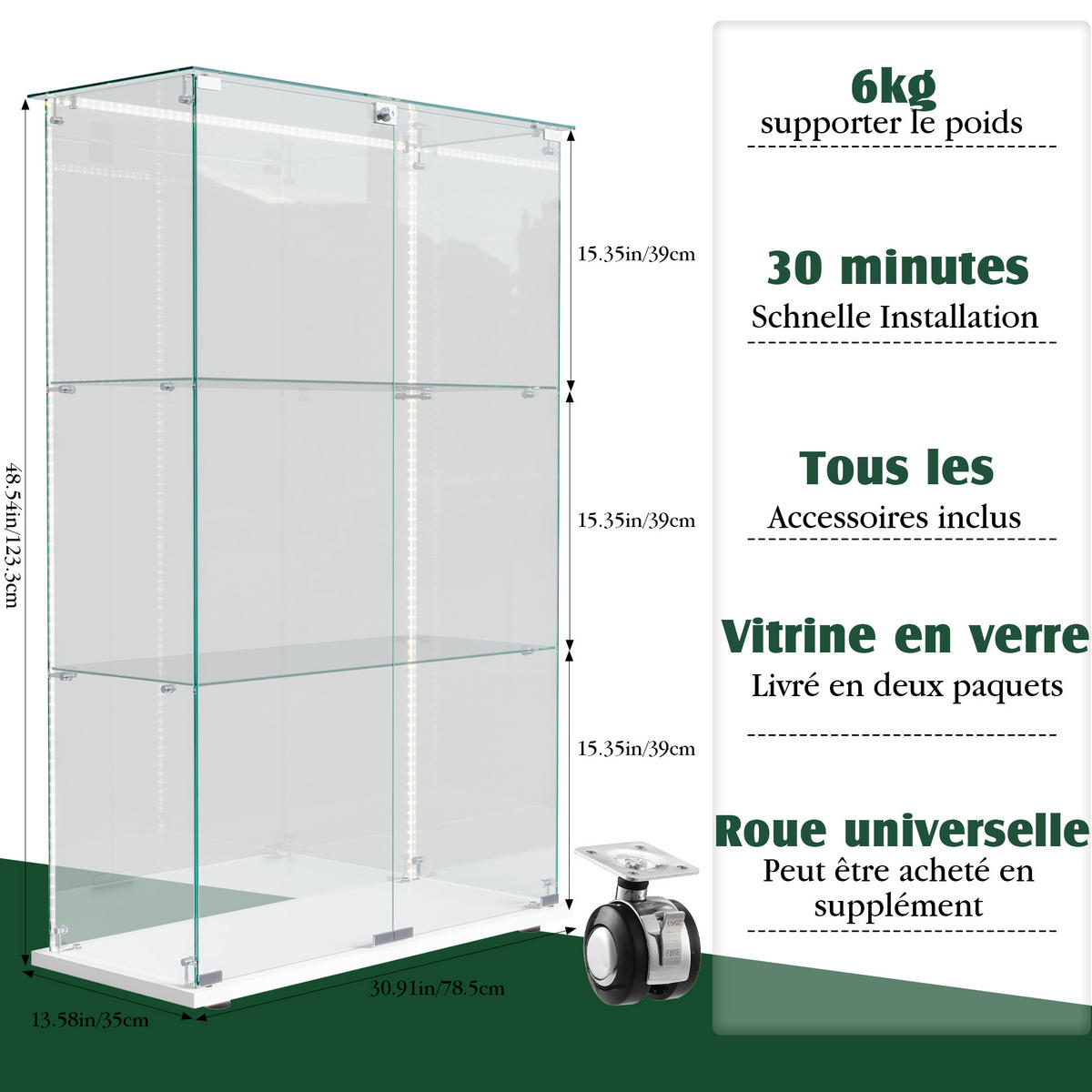 TREVÅNINGSGLASMONTRE, dubbeldörrar, LED, vit - Vit, Glas (35/123.3/78.5cm) - SHOPENTRA