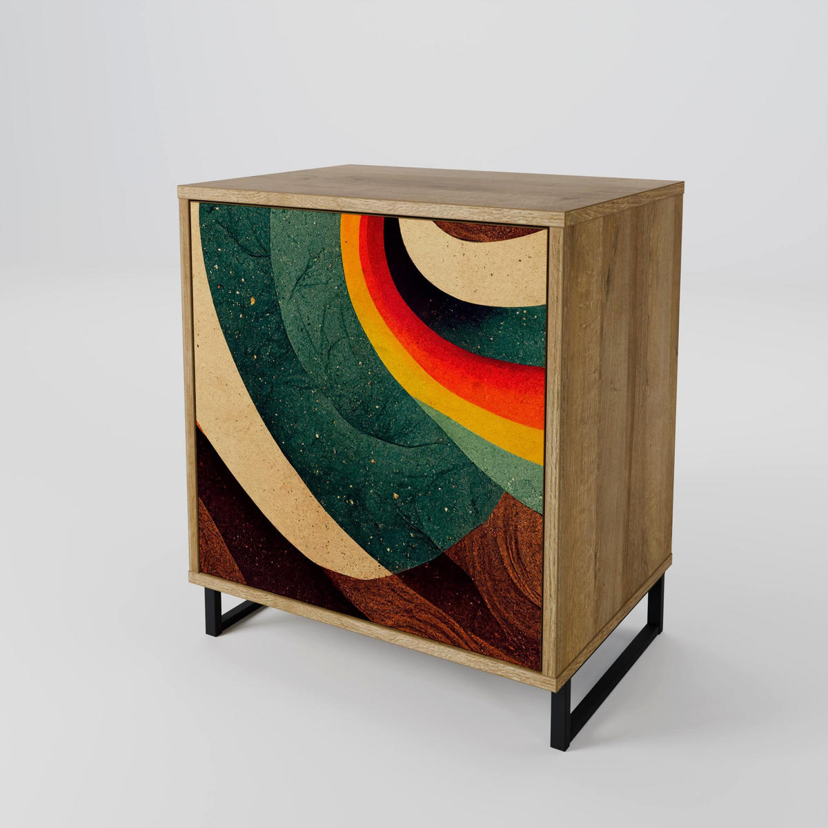 SIDEBOARD COLORFUL STRANDS, Eichefarben, 57,5x42x70,5 cm, Schwarze Metall-Sternfüße - Eichefarben/Multicolor, Holzwerkstoff/Metall (57.5/70.5/42cm) - SpaceRebels