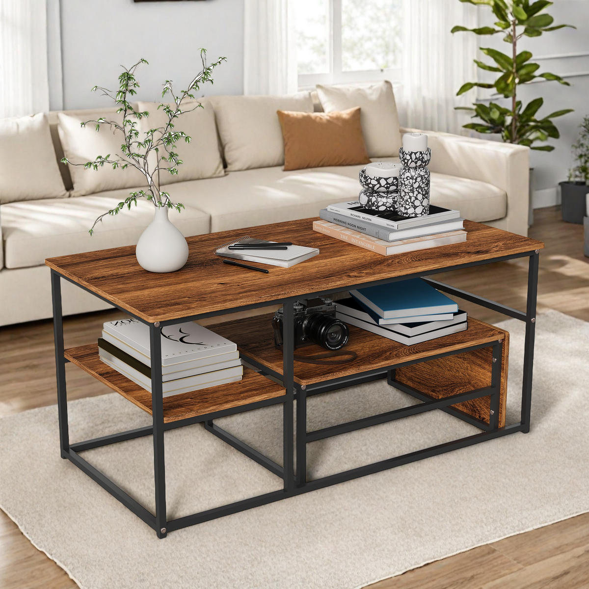 COUCHTISCH 2er Set Rechteckig Industrie Marmor Optik - Braun, Metall (105/52/48.5cm) - SHOPENTRA