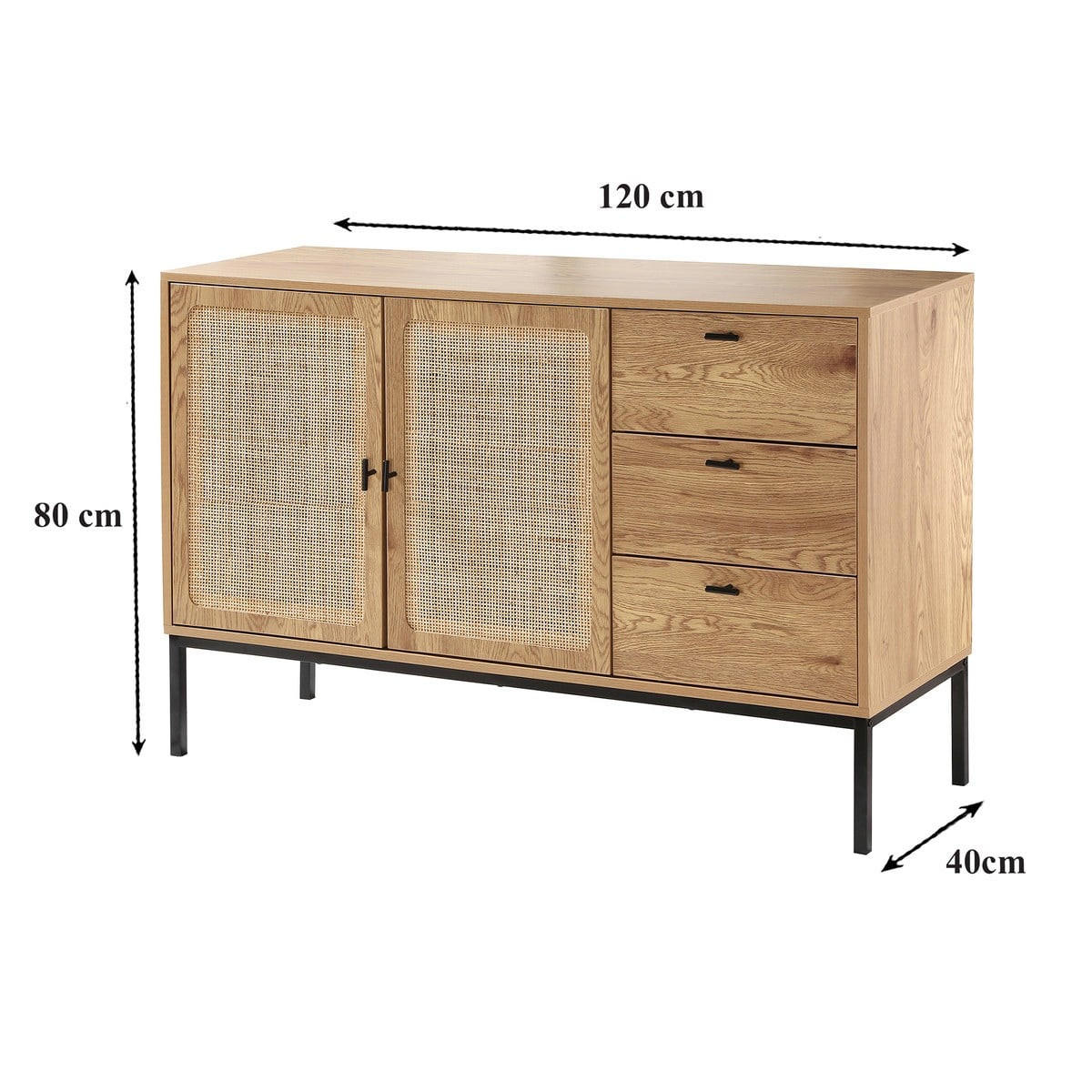 SIDEBOARD mit 2 türen und 3 schubladen aus rattan jaya 120/40/80 cm - Eschefarben, Holzwerkstoff (120/80/40cm) - Calicosy