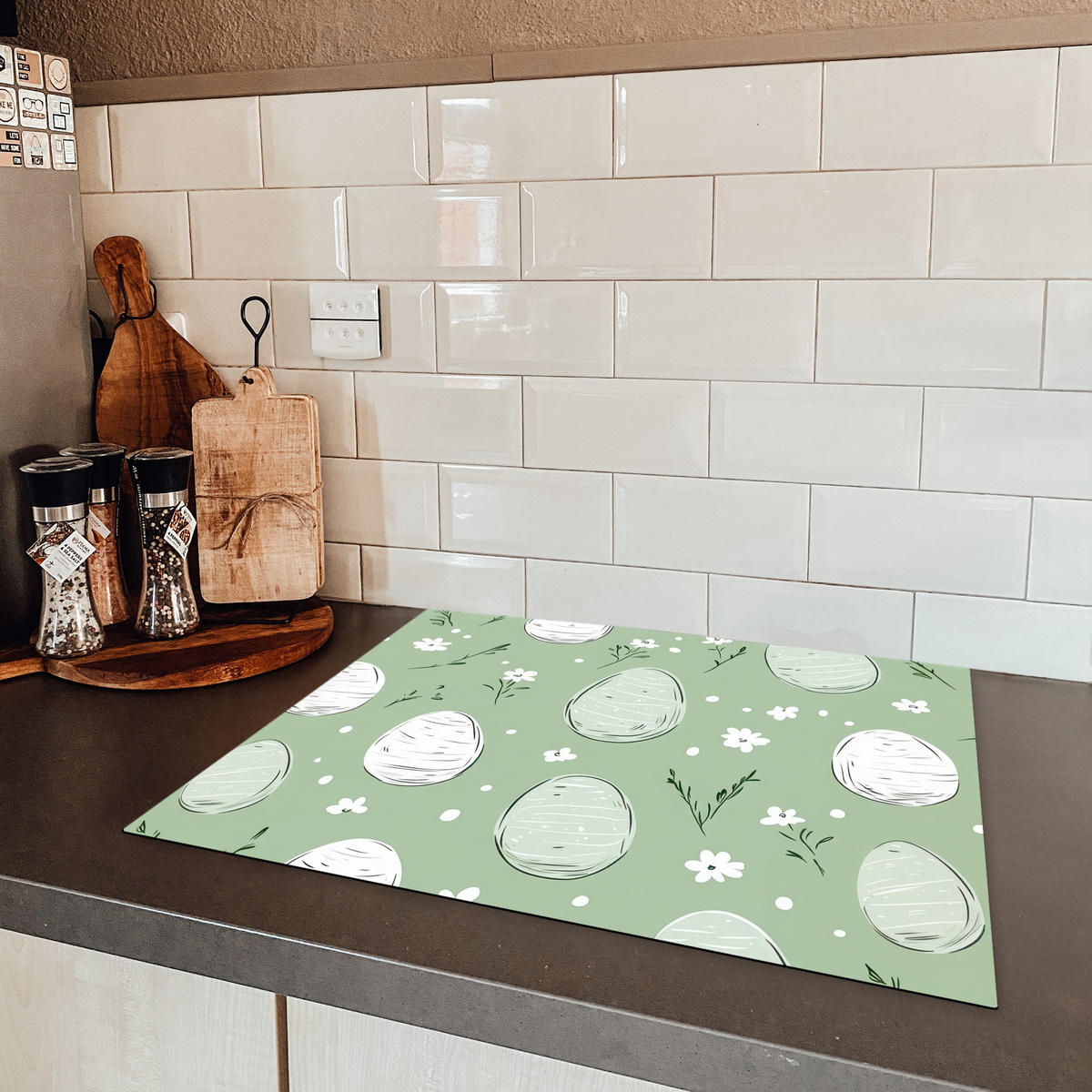 HERDABDECKPLATTE Grün - Eier - Muster Herdabdeckung Induktionsfeld 65x52 cm - Waldgrün, Kunststoff (65/52/0.2cm) - MuchoWow