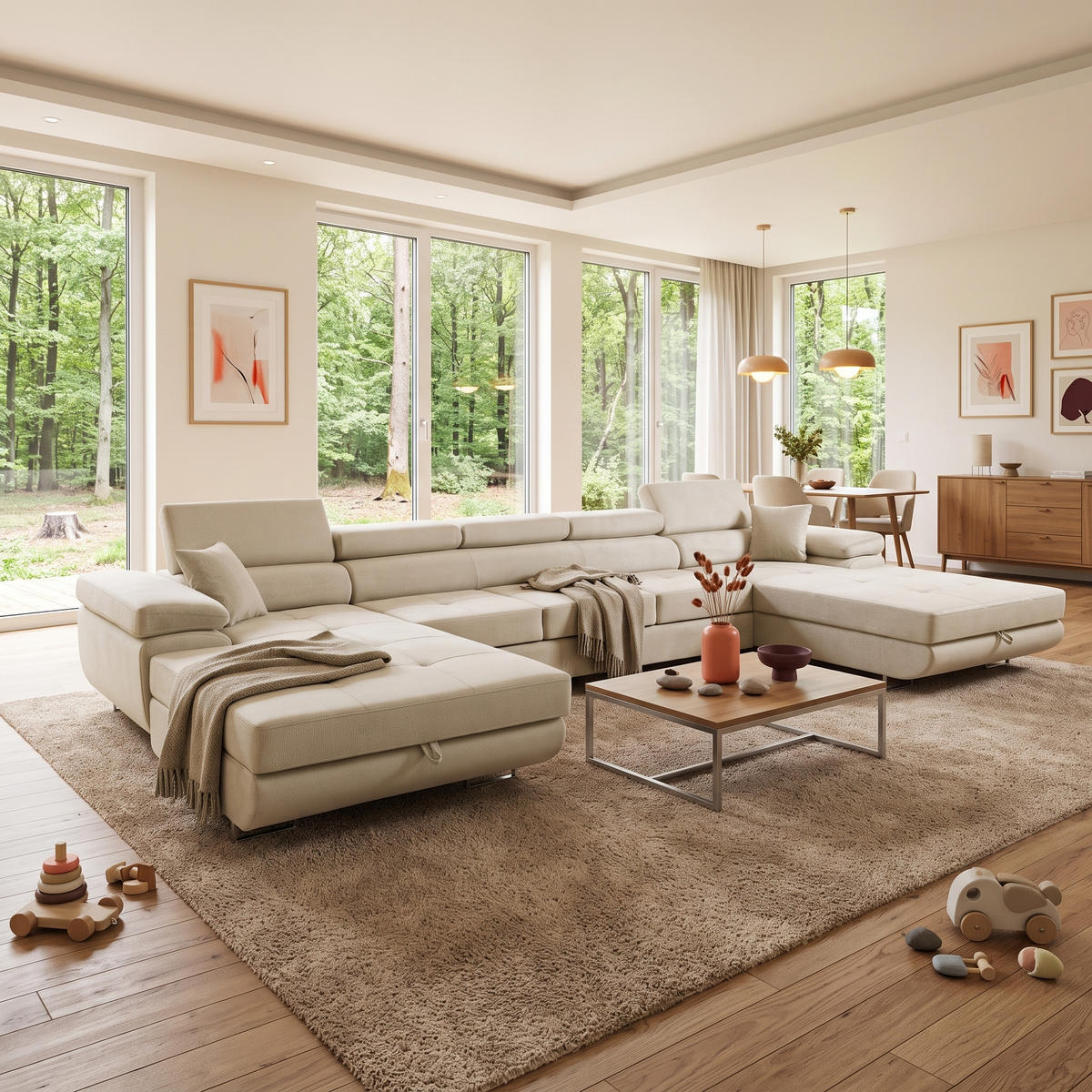 ECKSOFA U-Form ALONZO MAXI U mit Schlaffunktion 125x318 Velours Beige - Beige/Silberfarben, Holz/Textil (400/90/203cm) - Muffo