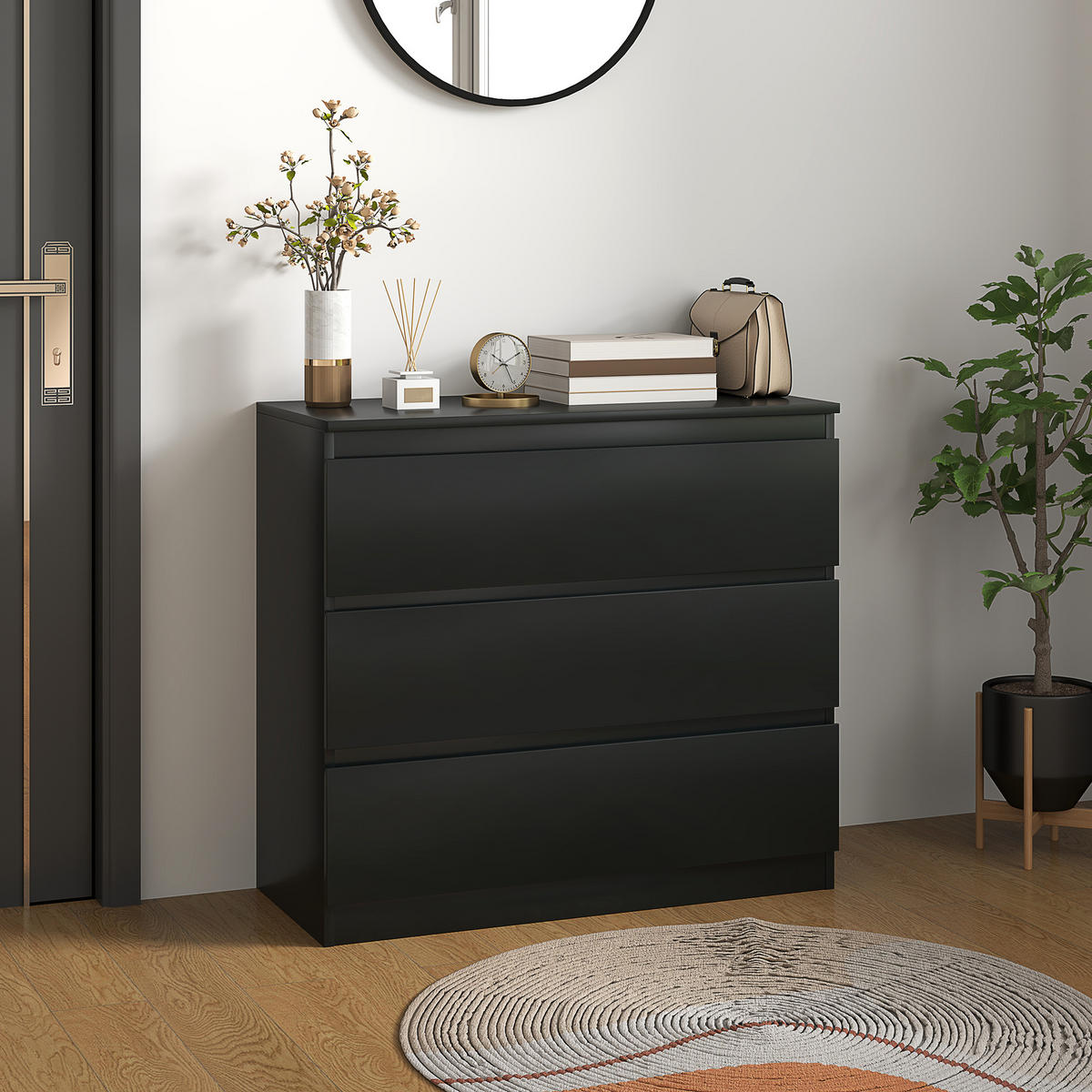 KOMOODE DE-12963 3 Schubladen, grifflos Schwarz - Schwarz, Holzwerkstoff (80/73/39cm) - ComfortXL