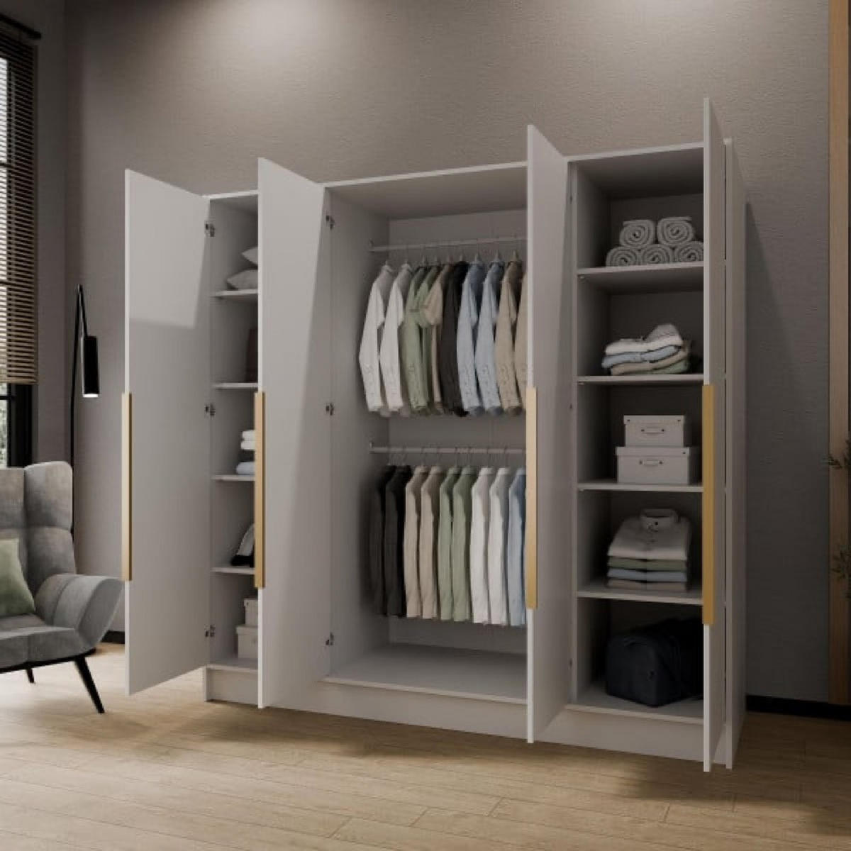 SCHRANK Weiß ORTO 200 G Glatt Ohne Spiegel Mit Goldenen Griffen - Goldfarben/Weiß, Holzwerkstoff (200/200/51cm) - Sepro Meble