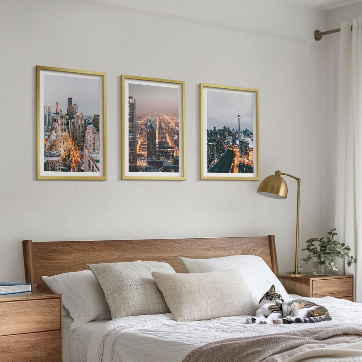 WANDBILDER 3er Set - 40x60 cm Goldrahmen - Städte bei Nacht, Wolkenkratzer, Lichter - Goldfarben, Kunststoff (40/60cm) - ArtPrintCave