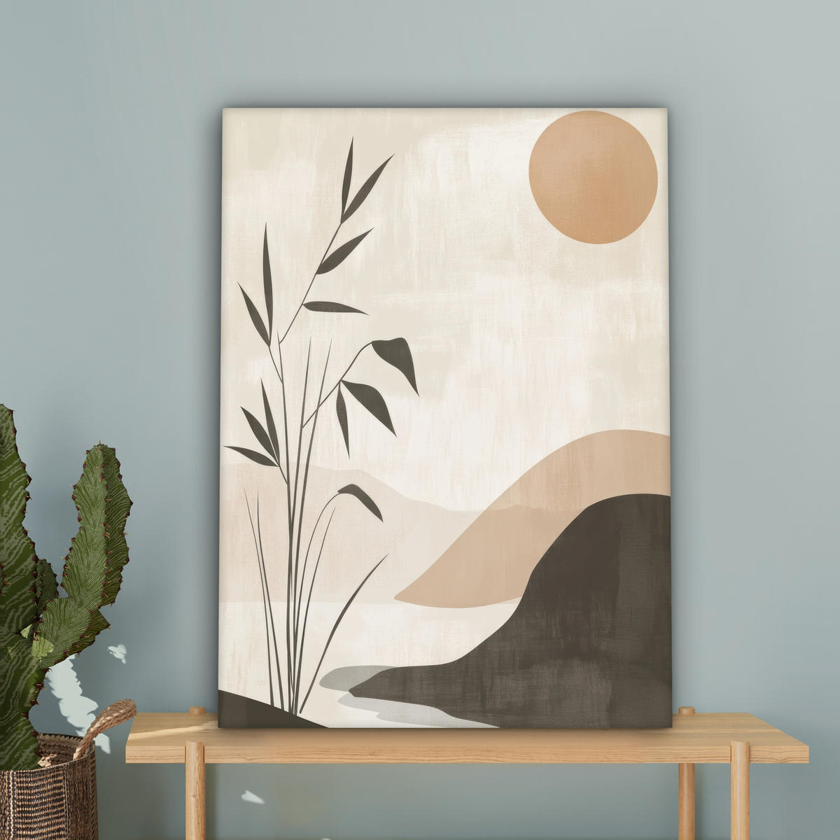 LEINWANDBILD Japandi - Landschaft - Beige Wandbild Wohnzimmer 60x80 cm - Cognac, Textil (60/80cm) - MuchoWow