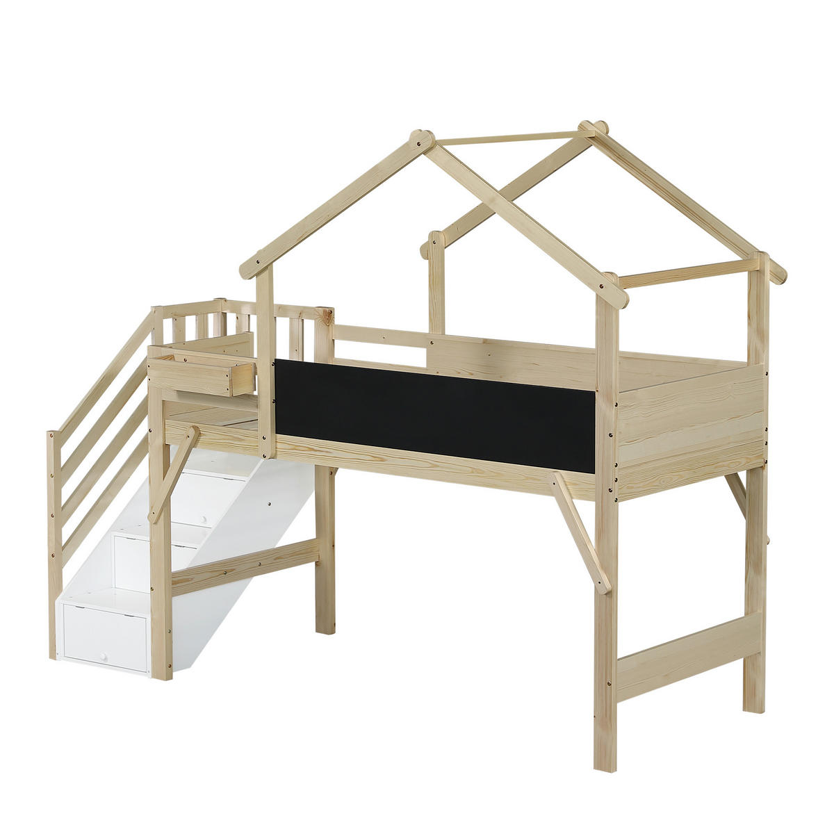 ETAGENBETT 90/200 cm mit Kreidetafel, Stauraumtreppe und Dachrahmen aus Holz, Weiß/Natur - Weiß, Holzwerkstoff (90/200cm) - Redom
