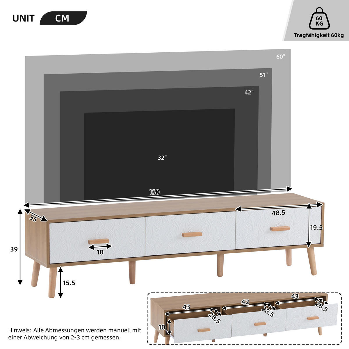 TV-LOWBOARD aus Spanplatte 150x39x35 cm Weiß/Holzfarben mit 3 Schubladen und Retro-Strukturfront - Weiß, Holzwerkstoff (150/39/35cm) - Modfu