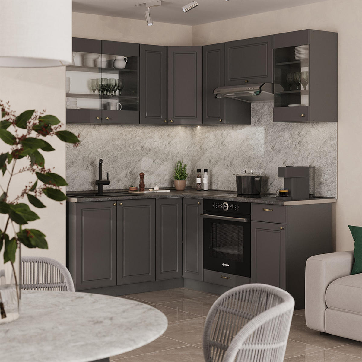 ROHOVÁ KUCHYŇ Fame-Line Anthrazit-Gold Landhaus - antracitová, kompozitní dřevo (190/81.6/60cm) - Vicco