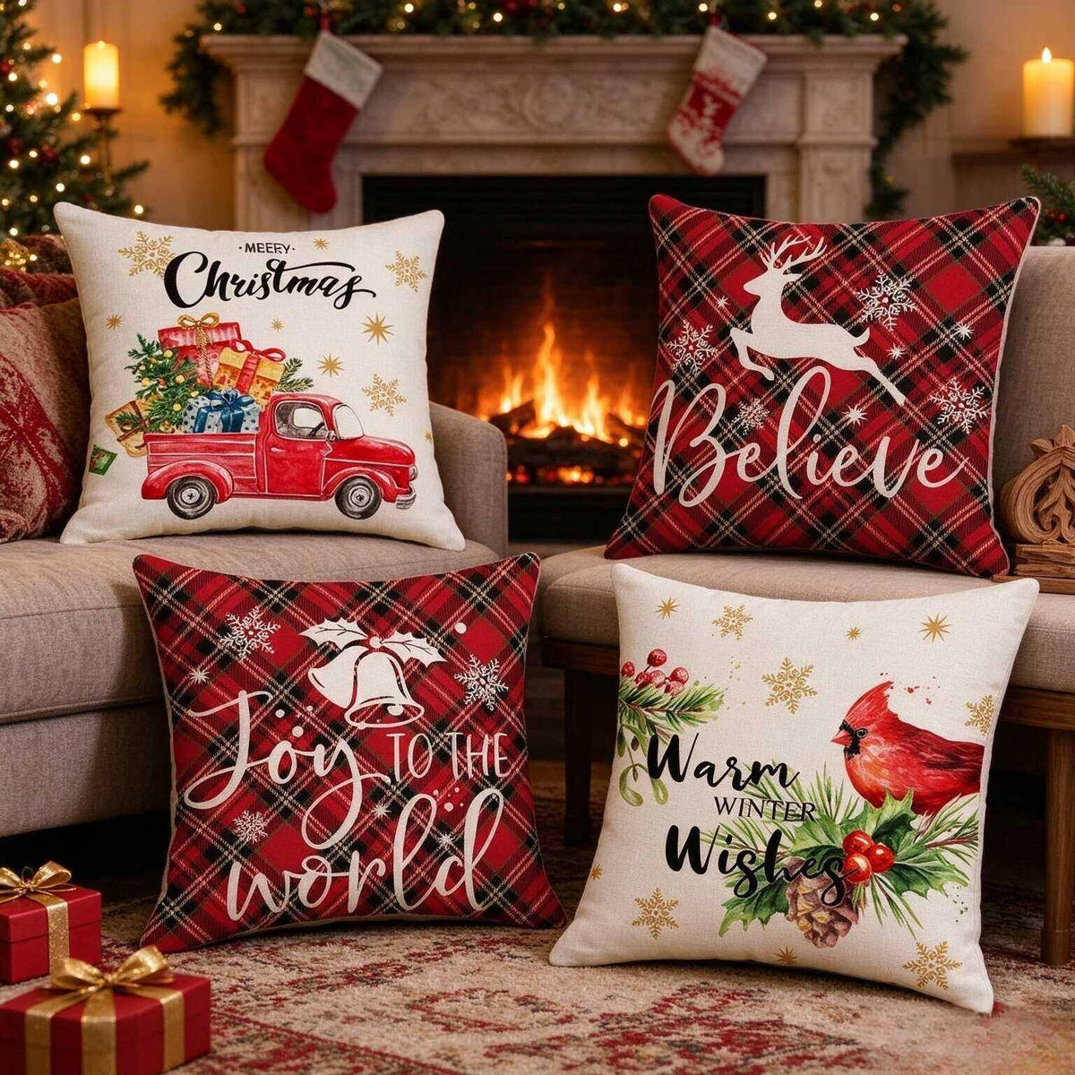KISSENBEZUG – Weihnachtskissenbezug (Kissenfüllung nicht enthalten) – 45 x 45 cm – Multicolor(vier Stück) - Multicolor, Textil (45/45cm)