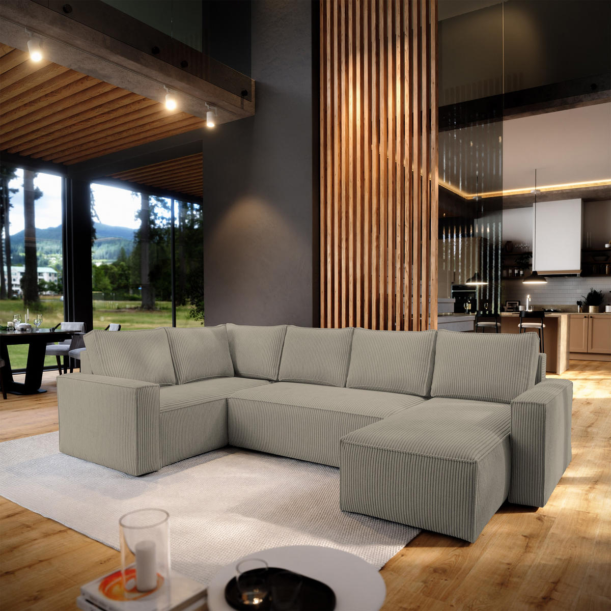 WOHNLANDSCHAFT NORENA L-S Beige Kordstoff mit Schlaffunktion - Beige, Holz (295/85/157.5cm) - MASSENO