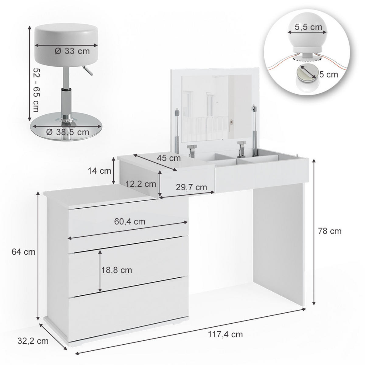 SCHMINKTISCH Lotos Weiß 117.4 cm mit LED Beleuchtung und Hocker - Weiß, Holzwerkstoff (117.4/78/45cm) - Vicco