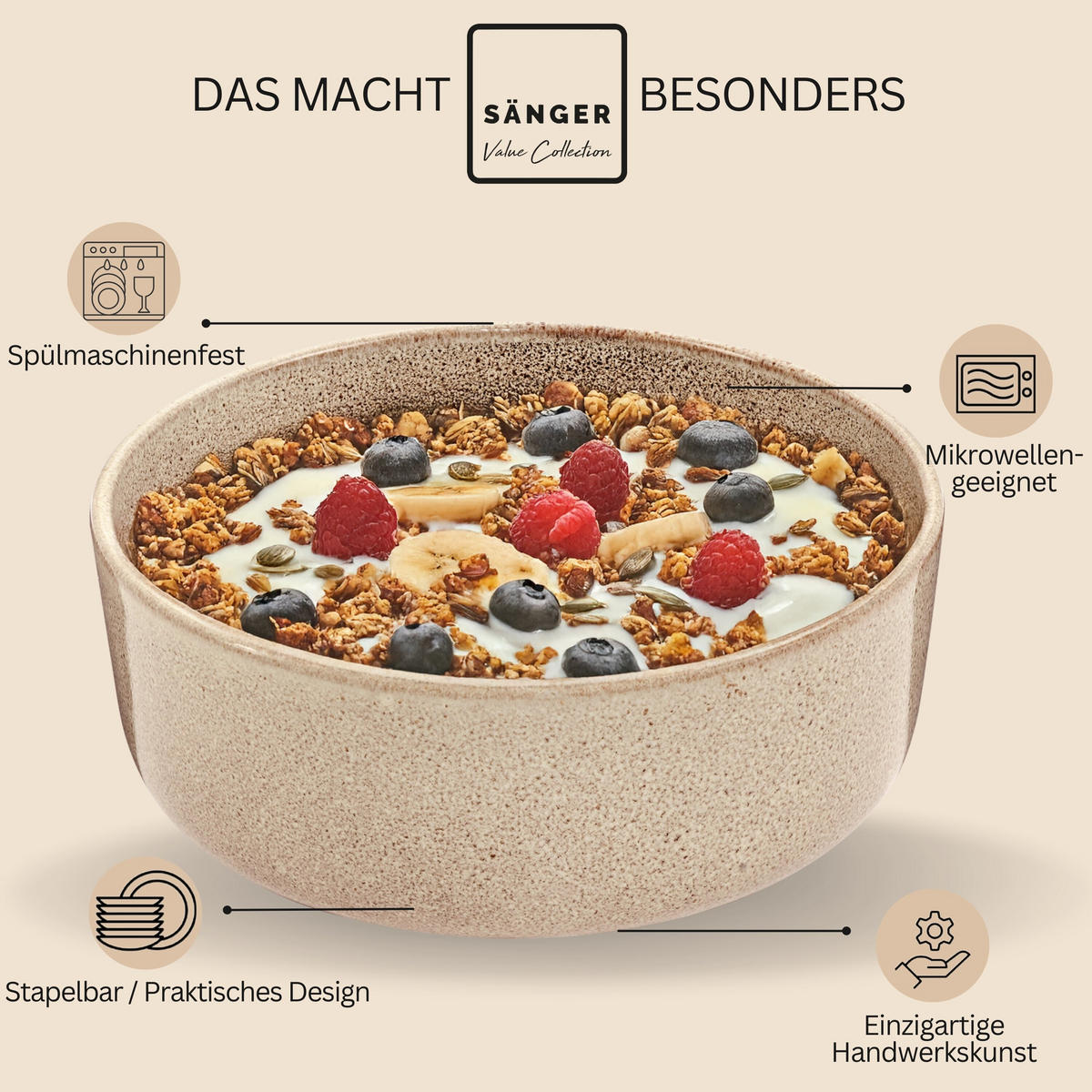SCHALEN SET KAIRO MOCHA - 6 teilig aus Steingut - Beige, Keramik (38.5cm) - Sänger