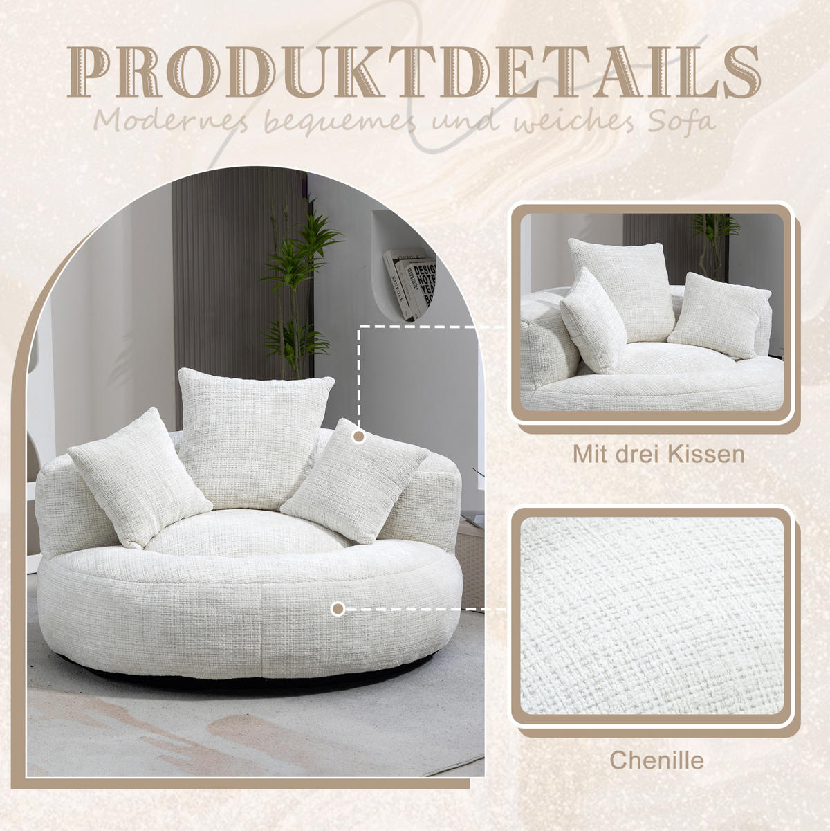 SESSEL 108/52/108 cm Beige aus Chenille mit Armlehnen - Beige, Textil (108/52/108cm) - OKMYHOME
