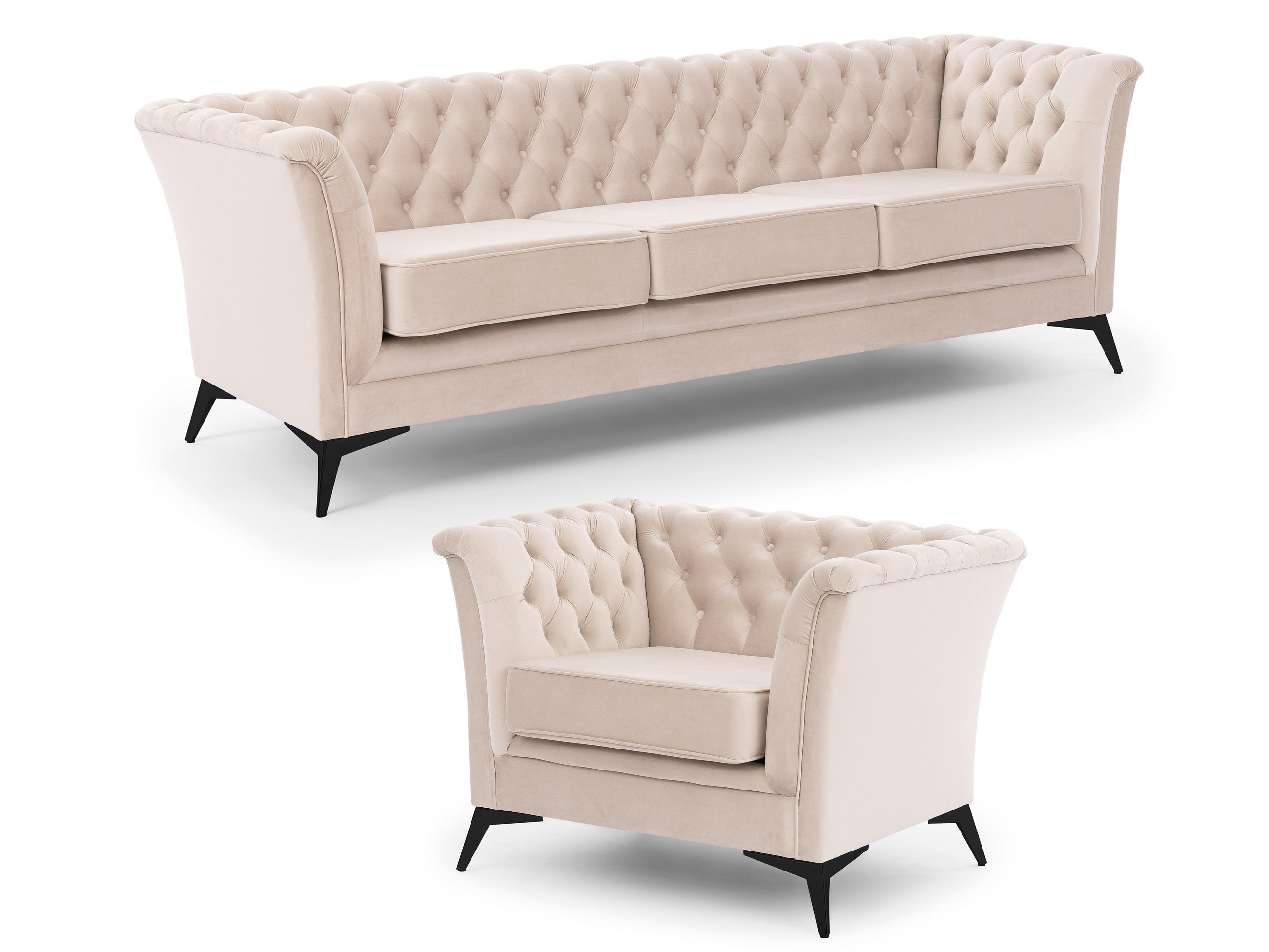 SITZGARNITUR 3+1 Chesterfield Whitby Beige Samt mit schwarzen Füßen - Beige/Schwarz, Holz/Textil (237/78/82cm) - S-Style Möbel