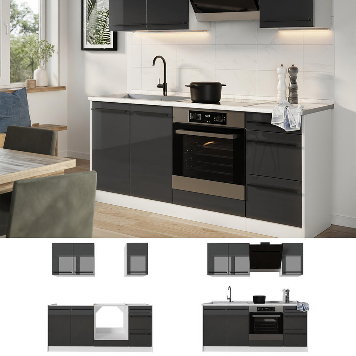 SINGLEKÜCHE R-Line, Anthrazit Hochglanz/Weiß, 180 cm Arbeitsplatte Anthrazit - Schwarz Hochglanz/Weiß, Holzwerkstoff (180/206.8/60cm) - Vicco