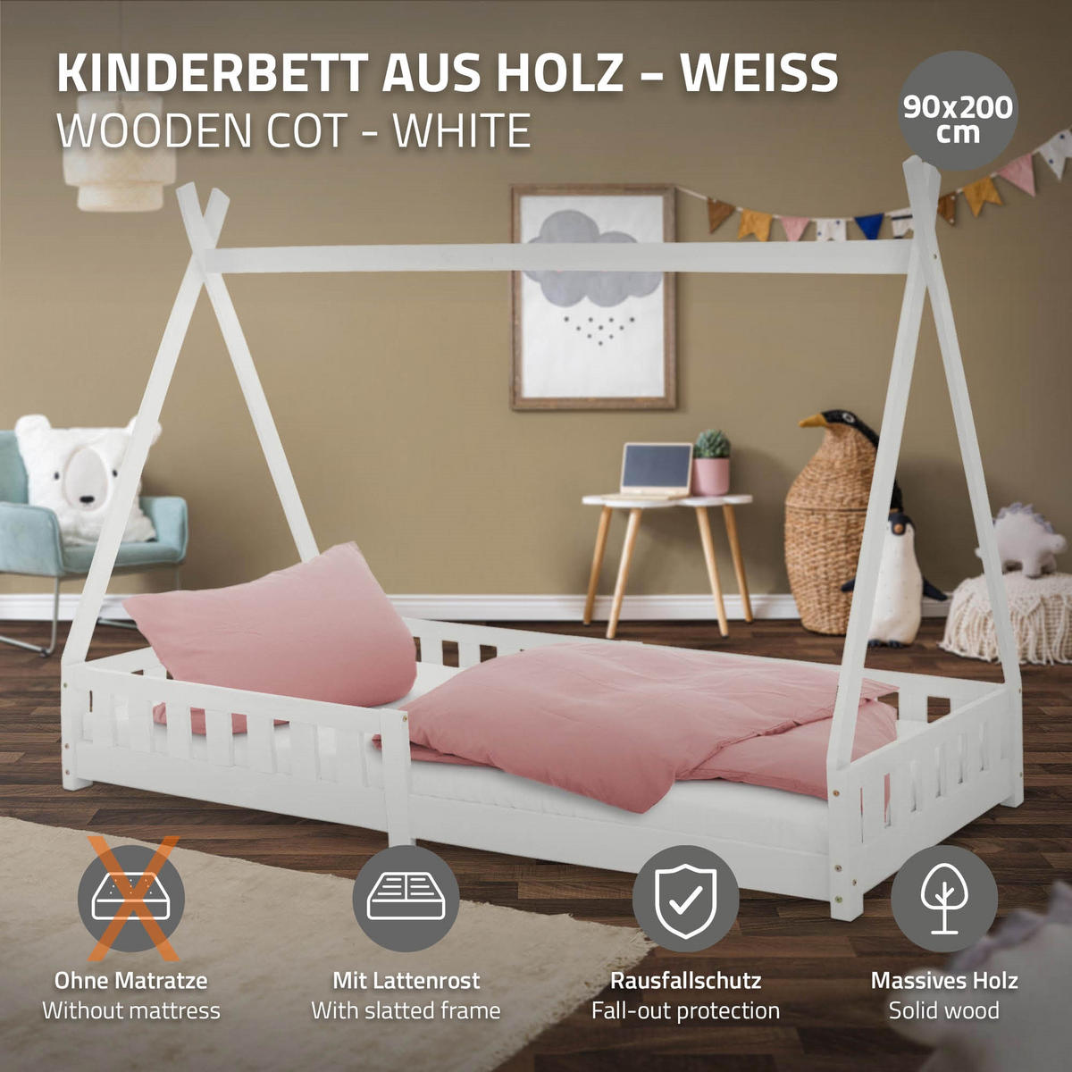 KINDERBETT Tipi 90x200 cm Weiß - Weiß, Holz (90/200cm) - ML-DESIGN