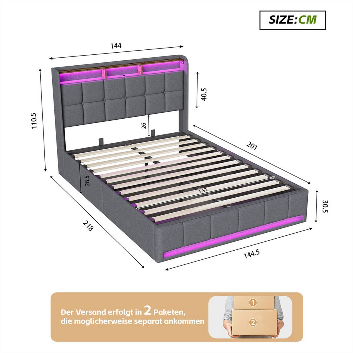 POLSTERBETT 140x200 cm mit LED-Beleuchtung und hydraulischem Stauraum - ohne Matratze - Grau - Grau, Textil (140/200cm) - DELFA