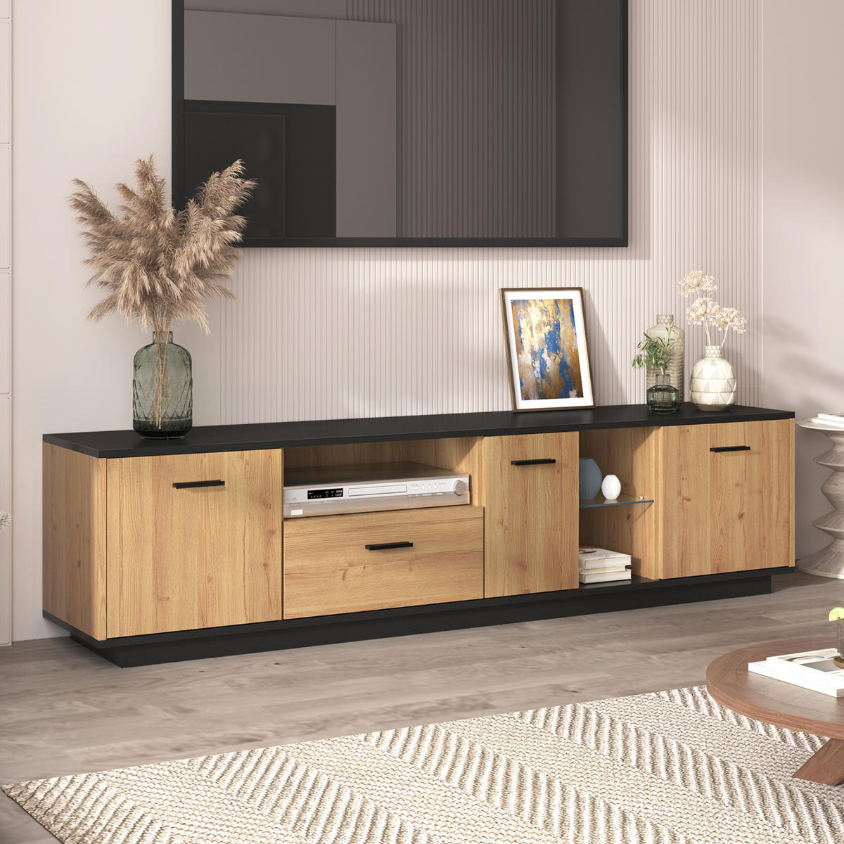 TV-LOWBOARD in Schwarz und Holzoptik mit LED und Stauraum 180/37/45 cm - Eichefarben, Holzwerkstoff (180/45/37cm) - Redom