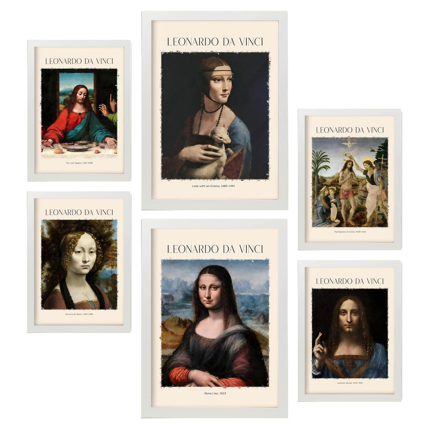 POSTER Set Mit 6 Da Vinci Posterblatt Malergalerie Dekorative Gemälde Für Ihr Wohnzimmer, Schlafzimmer, Zuhause Wandkunstdrucke A3 & A4 Weißer Rahmen - Weiß, Papier (29/3cm) - Nacnic