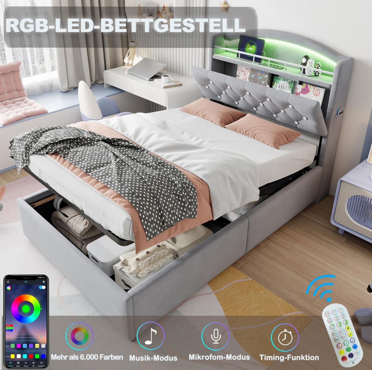 POLSTERBETT 90/200 cm Grau aus Stoff mit Stauraum - Grau, Textil (90/200cm) - OKMYHOME