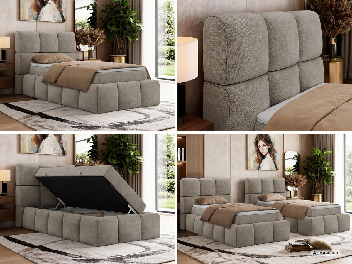 BOXBETT NIRA 90/200 - Greige Stukture - Topper T25 - H4 - Greige/Schwarz, Kunststoff/Textil (90/200cm) - MKS