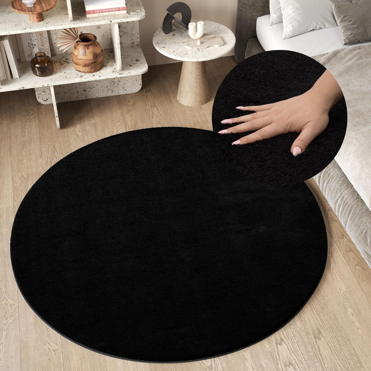TEPPICH CUDDLE ROUND Schwarz 100/100 cm - Schwarz, Kunststoff (100/100cm) - Tapiso