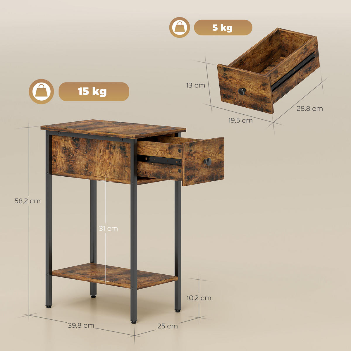 BEISTELLTISCH mit offenem Fach und Schublade, Nachttisch, Metallbeine, Holz, Braun - Wildeiche, Holzwerkstoff (39.8/25/58.2cm)