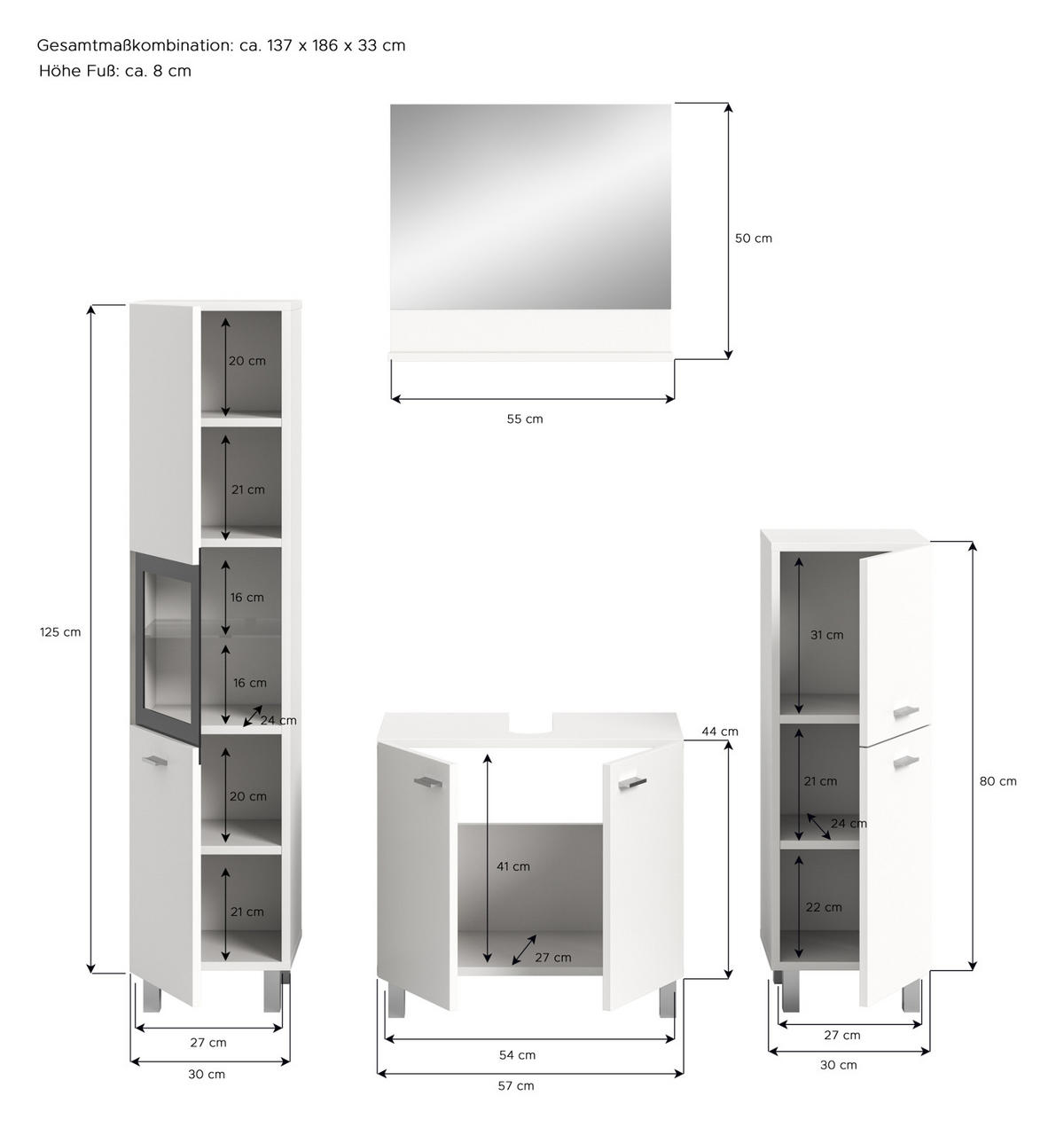 BADMÖBEL-SET weiß 4-teilig 140 cm, Kombination hängend oder stehend - Weiß, Glas/Holzwerkstoff (137/186/33cm) - Inn.Furn