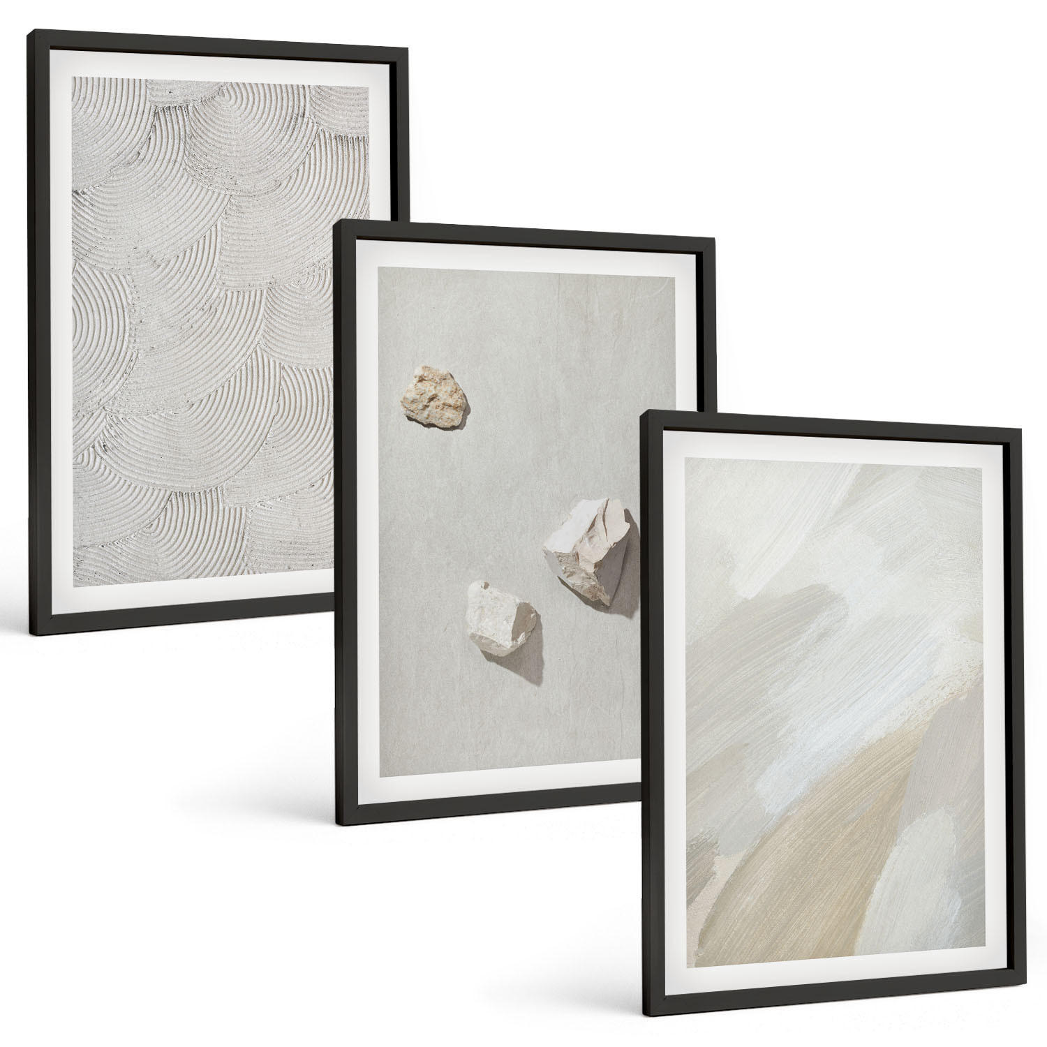 BILDER SET 3er Set - 40x60 cm Schwarzer Rahmen - Sandsteine moderne Farbe - Schwarz, Kunststoff (40/60cm) - TULUP