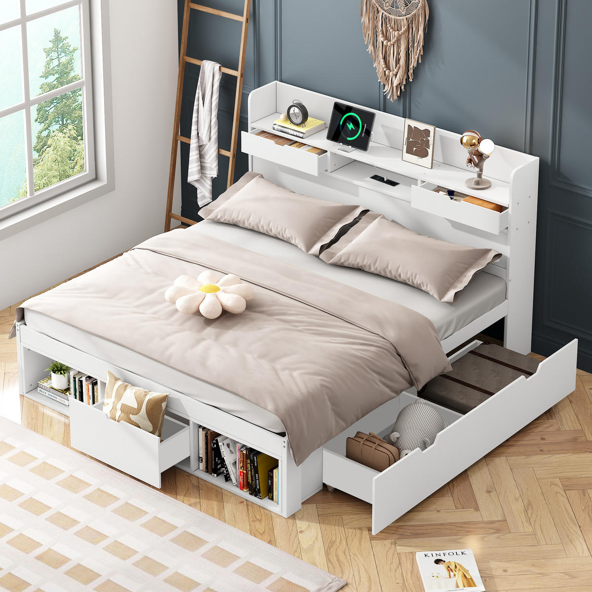 DOPPELBETT 140/190 cm Weiß mit USB-Port und Schubladen - Weiß, Holz (140/190cm) - OKWISH