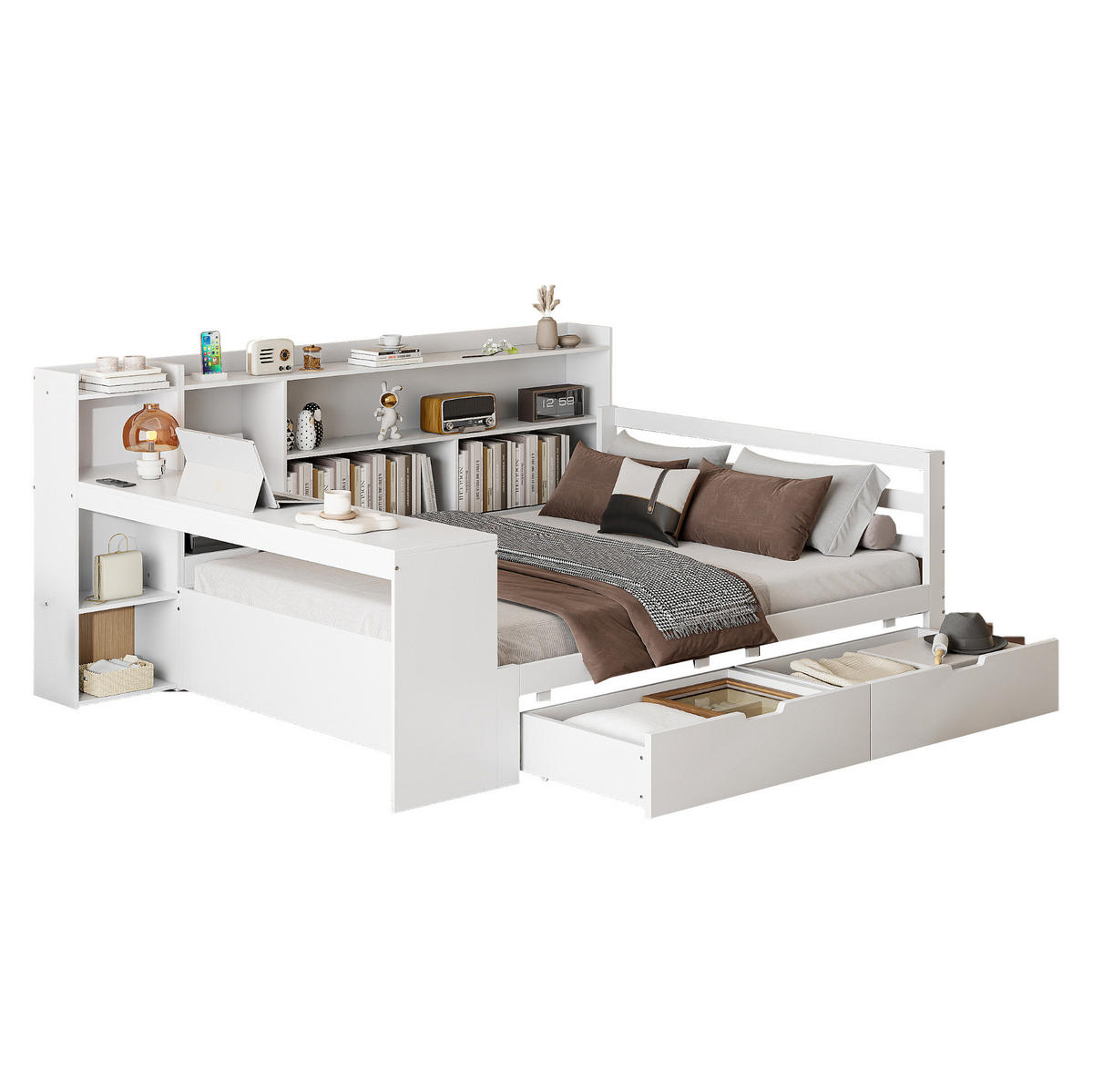 MULTIFUNKTIONSBETT 140/200 cm Weiß aus Massivholz mit Schreibtisch und Regalen - Weiß, Holz (140/200cm) - OKWISH