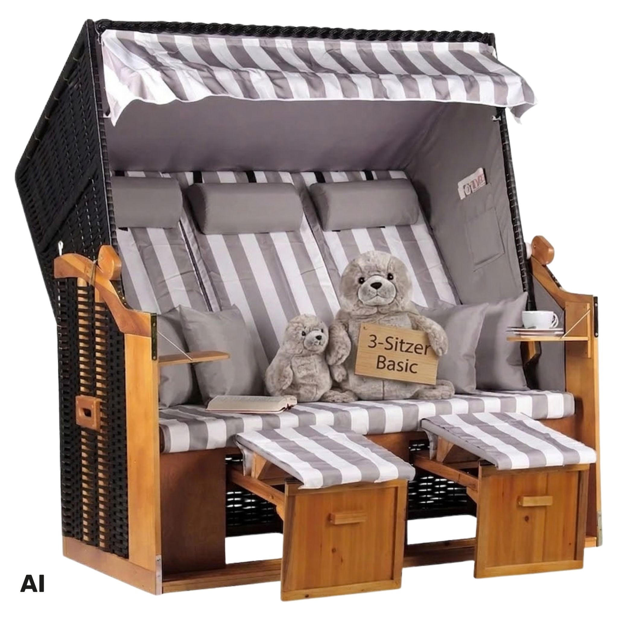 STRANDKORB XXL Ostsee 3Sitzer PE Schwarz - Schwarz/Braun, Metall (160/160/80cm) - Mr. Deko