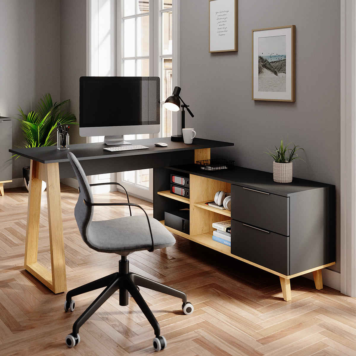 SCHREIBTISCH Nautica Anthrazit 138 x 60 cm mit Schubladen, XXL - Anthrazit/Buchefarben, Holzwerkstoff (60/138/77cm) - Vicco