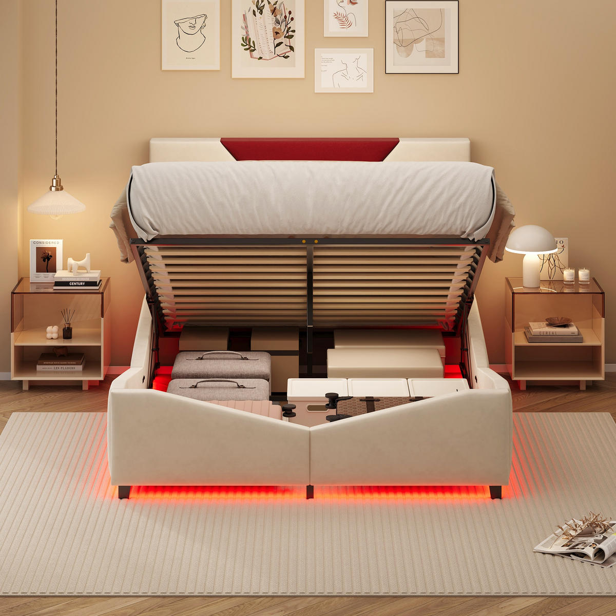 POLSTERBETT 140x200 cm - Zweifarbiges Dreiecksdesign in Bordeaux, LED-Kopfteil ajustable, Samtstoff, Moderner und schlichter Stil - Beige - Beige, Holzwerkstoff (140/200cm) - Brevoria