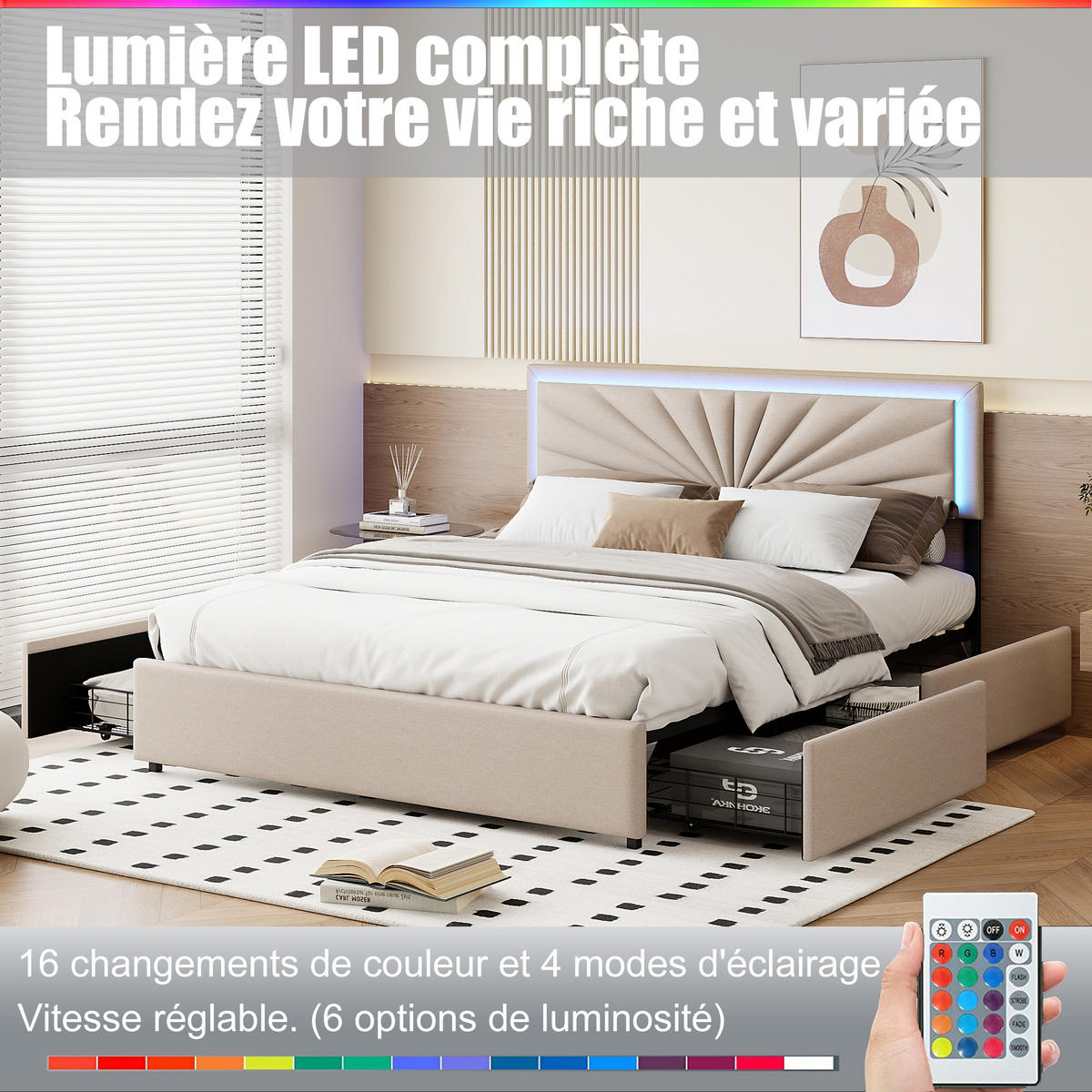 POLSTERBETT 140x200 cm 4 Schubladen LED Lattenrost Leinen beige - Beige, Holz (140/200cm) - LEBENLANG