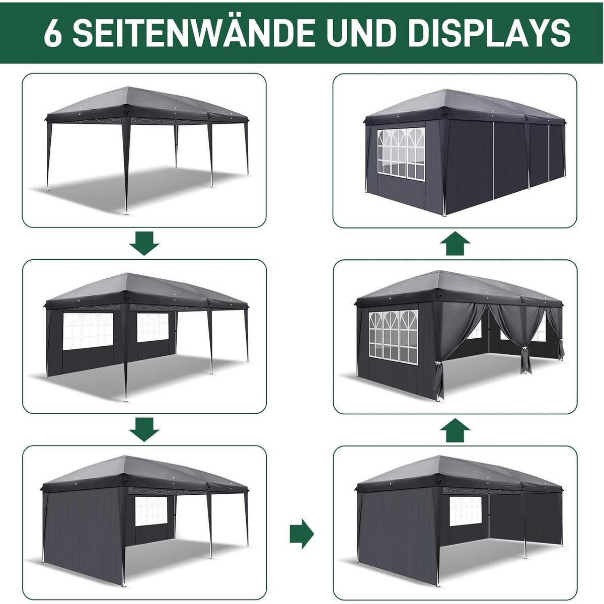 FALTPAVILLON 3x6m Dunkelgrau Wasserdicht UV-Schutz 50+ Metall - Anthrazit, Metall (300/268/600cm)