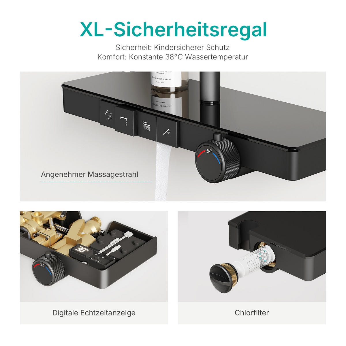 ÜBERKOPFBRAUSESET mit Handbrause Thermostat Vielseitig Schwarz - Schwarz, Metall (40/113/58cm) - EMKE