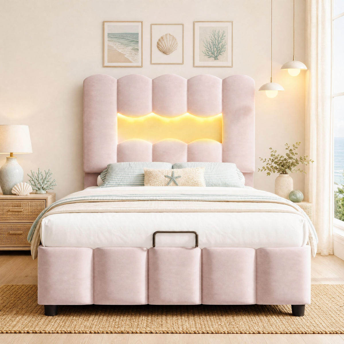 POLSTERBETT 90/200 mit hydraulischem Bettkasten, LED und höhenverstellbarem Kopfteil in Rosa - Rosa, Holzwerkstoff/Textil (90/200cm) - EVRYAE