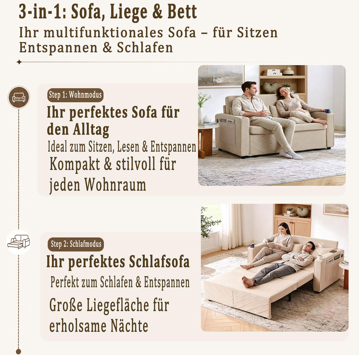 SCHLAFSOFA aus Holz und Stoff mit USB-Anschluss und Ausziehfunktion Beige - Beige, Holz (134/73/195cm) - Modenvie