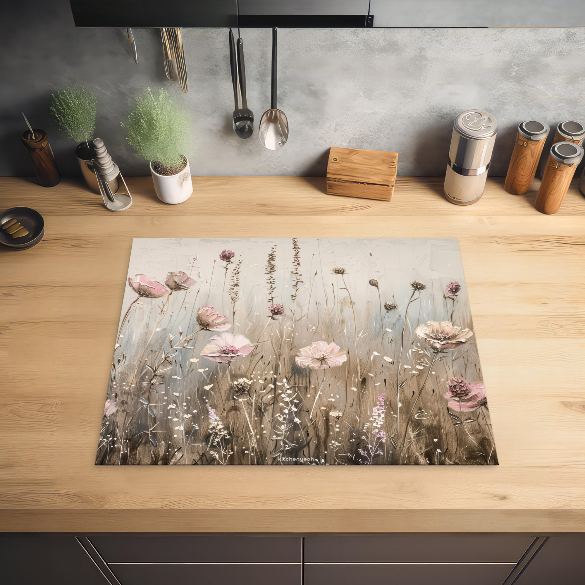 HERDABDECKPLATTE Blumen - Beige - Trockenblumen 65x52 cm - Beige, Kunststoff (65/0.2/52cm) - MuchoWow